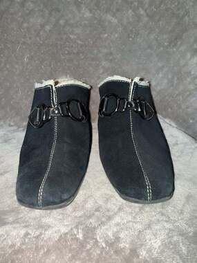 Aerosoles Cinchshearly Black Suede Faux Fur Lined Mule Heels Size 9M